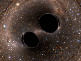 Collision and merger of two black holes, resulting in the first detection of gravitational waves, GW150914, by LIGO. (Photo LIGO/SXS.)