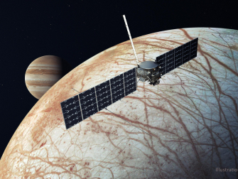 Illustration of NASA's Europa Clipper spacecraft with Jupiter and its icy moon Europa in the background (Credit: NASA/JPL-Caltech)